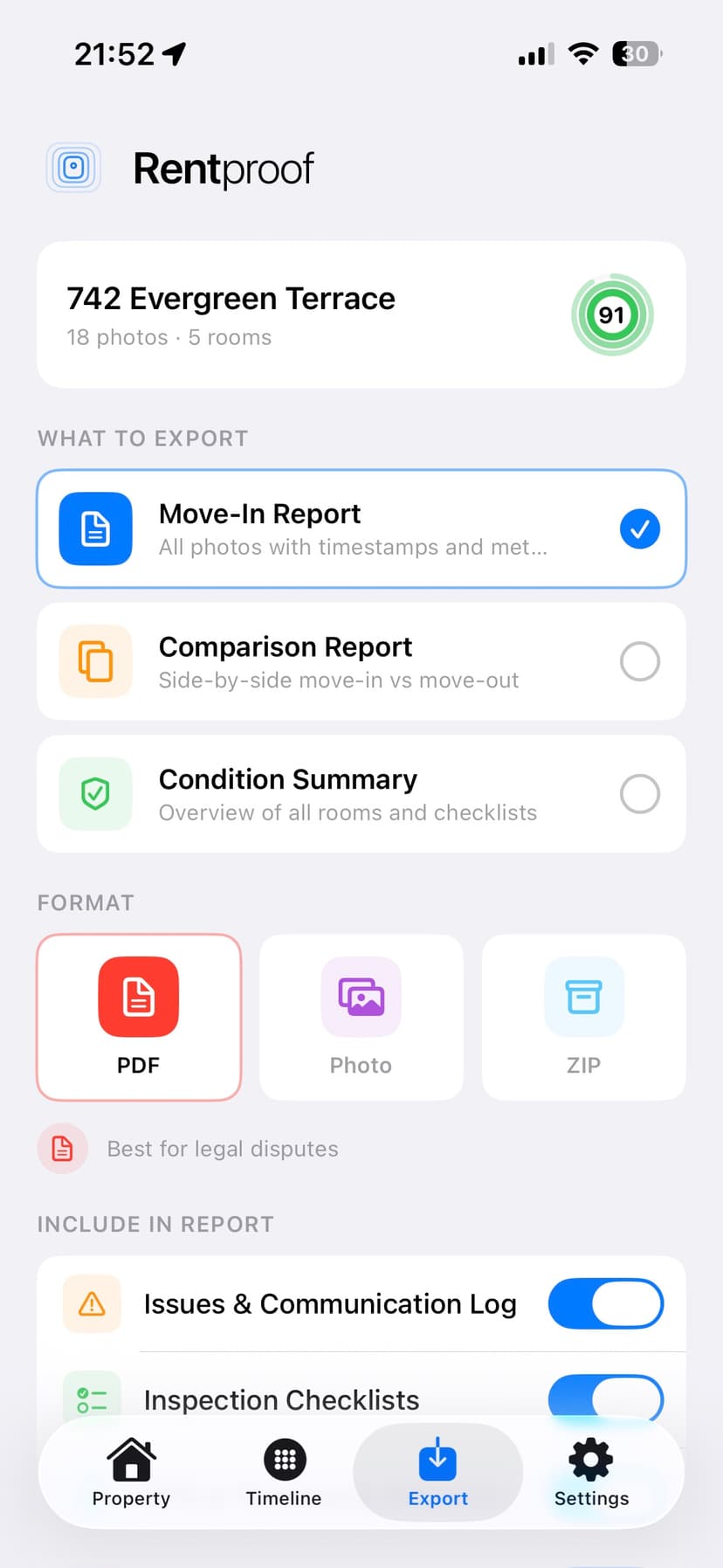 Rentproof export screen with PDF report generation