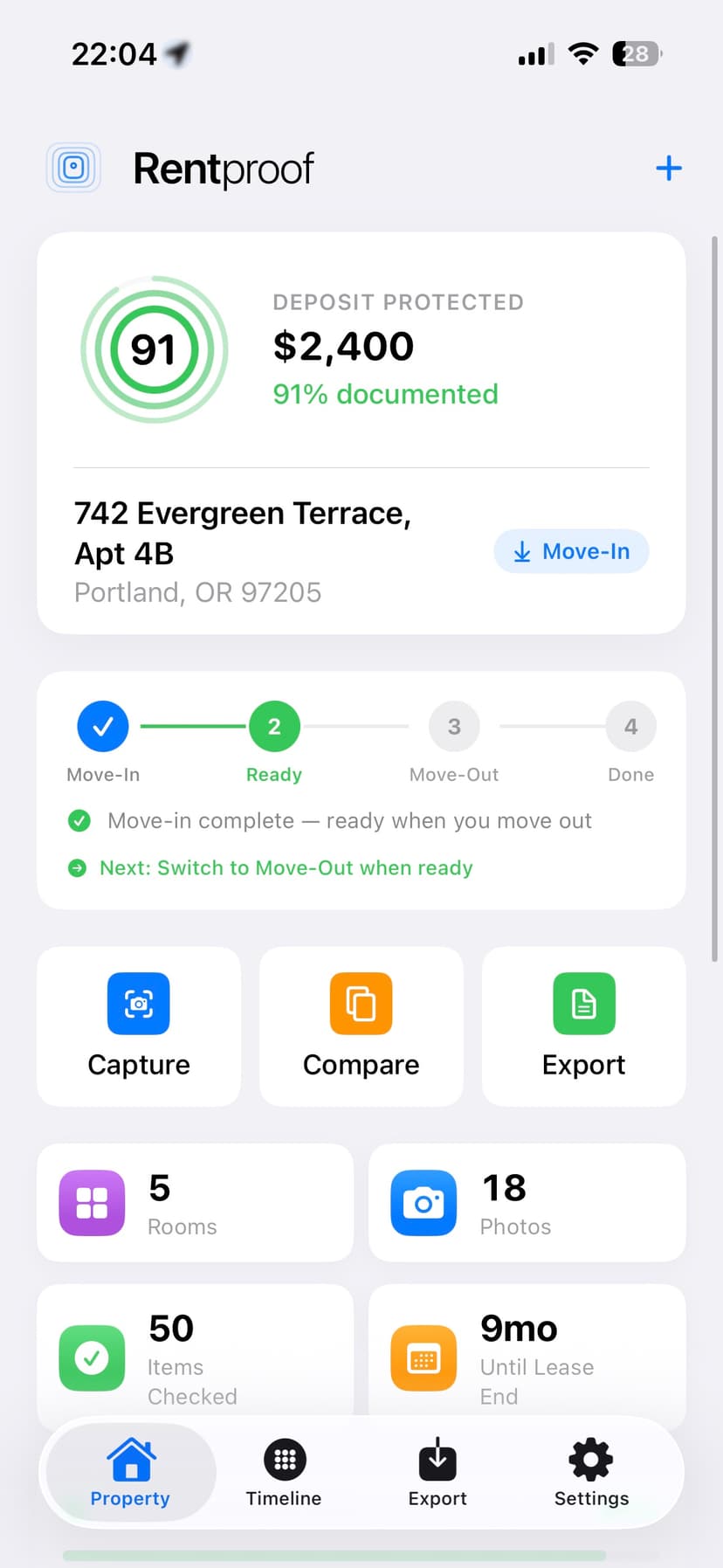 Rentproof app home screen showing property overview
