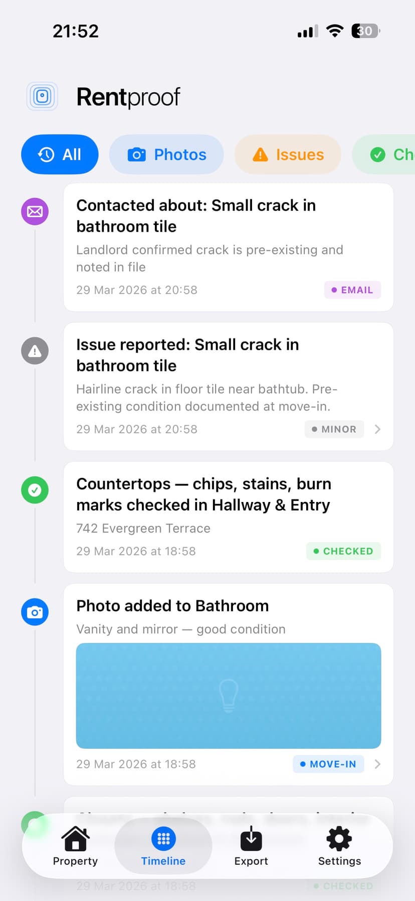 Rentproof timeline showing move-in and move-out phases